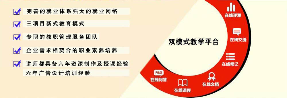 双模式教学平台，完善的就业体系强大的就业网络，全国首创的三项目新式教育模式，专职的教职管理服务团队，企业需求相契合的职业素养培养，讲师都具备六年资深制作及授课经验，六年广告设计培训经验