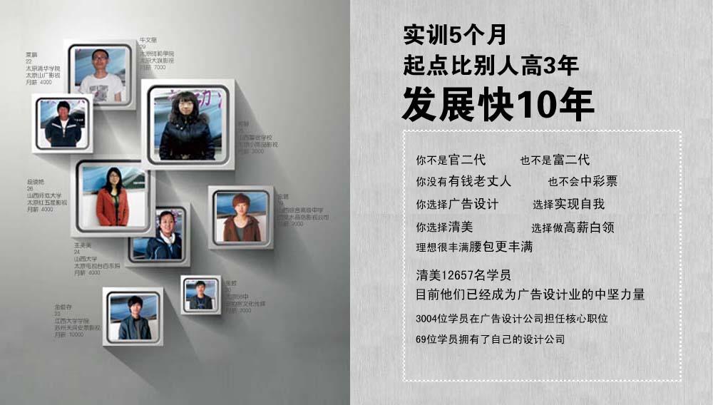 实训6个月，起点比别人高三年 发展快10年，你不是官二代 也不是富二代你没有有钱老丈人 也不会中彩票，你选择广告设计 选择实现自我，你选择清美 选择做高薪白领，理想很丰满 腰包更丰满，清美12657名学员，目前他们已经成为广告设计业的中坚力量，3004位学员在广告设计公司担任核心职位，69位学员拥有了自己的设计公司